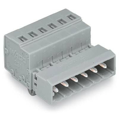 Grey electrical connector with six copper terminals, suitable for circuit boards and wire connections in electrical circuits.
