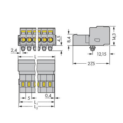 Technical drawing of an electrical terminal block with dimensions. Shows front and side view with precise measurements in millimetres.