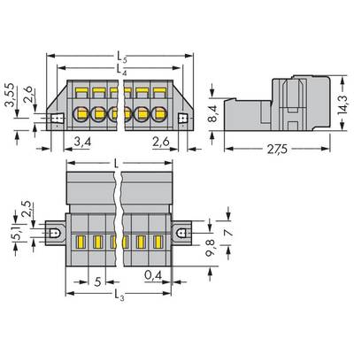 Technical drawing of a connector with dimensions. Side and frontal views show detailed measurements in millimetres.
