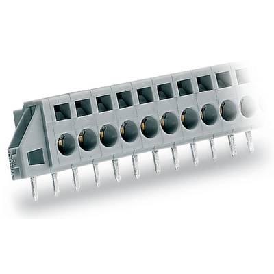 A grey electrical terminal block with multiple connection points for joining wires. It is suitable for printed circuit board mounting.
