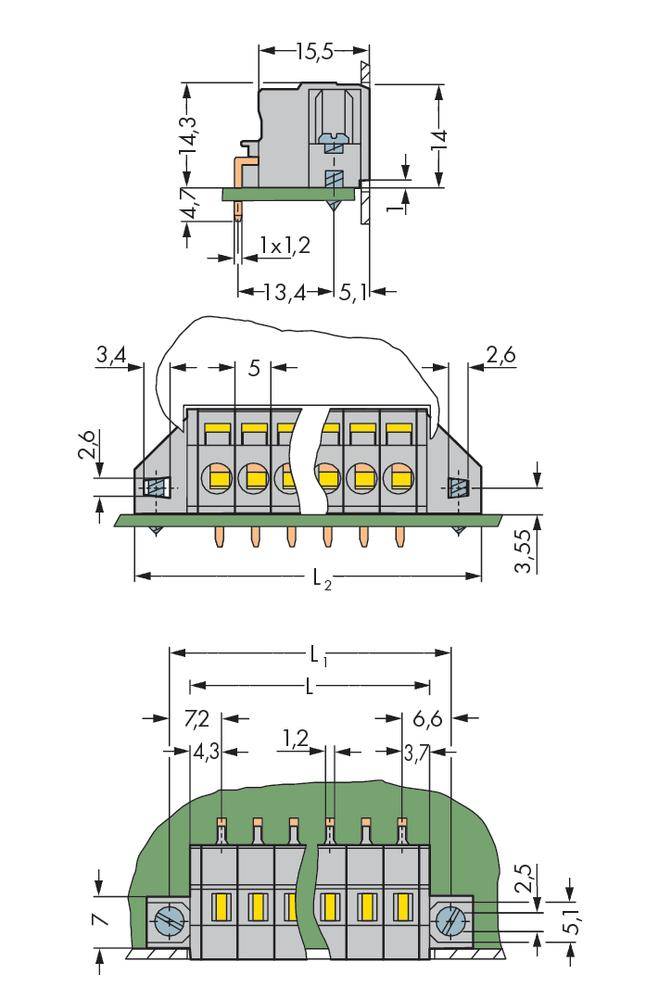 Technical drawing of a connector with various size specifications in millimetres. Shows side and front views.