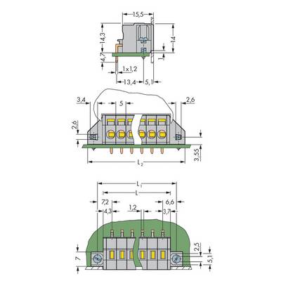Technical drawing of a connector with various size specifications in millimetres. Shows side and front views.
