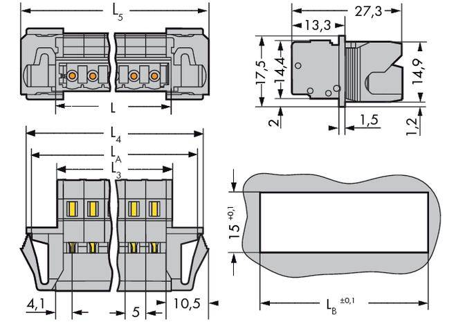 Technical drawing of an electrical connector with dimensions in millimetres. Shows front, side, and top view.