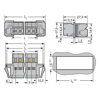 Technical drawing of an electrical connector with dimensions in millimetres. Shows front, side, and top view.