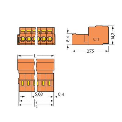 Technical drawing of a connector: Top view and side view with dimensions. Key measurements: width 5.08 mm, height 8.4 mm and 14.3 mm.