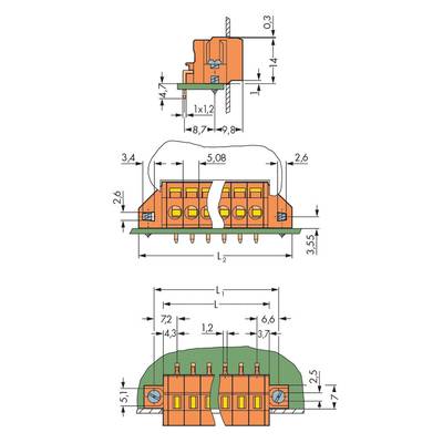 Technical drawing of an electrical connector with dimensions in millimetres, showing top view, side view and front view.