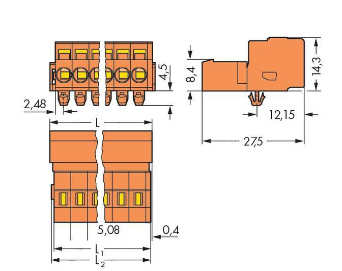 Technical drawing of a connector with dimensions in millimetres. Top view and side view show details of the dimensions.