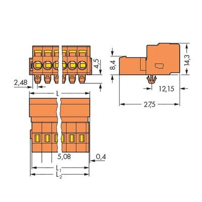 Technical drawing of a connector with dimensions in millimetres. Top view and side view show details of the dimensions.
