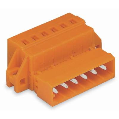 Orange connector block, horizontal, with six terminal connections, suitable for electrical wiring and connections.
