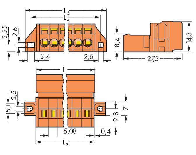 Technical drawing of an orange connector with dimensions in millimetres. Shows front, side, and top view.