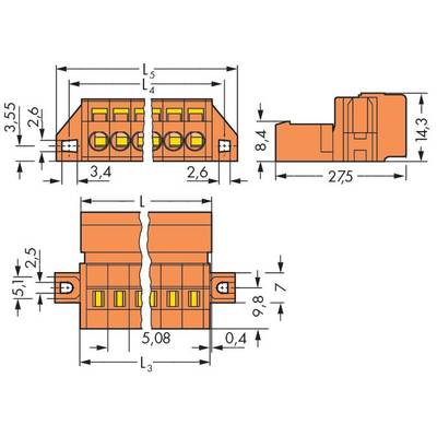 Technical drawing of an orange connector with dimensions in millimetres. Shows front, side, and top view.