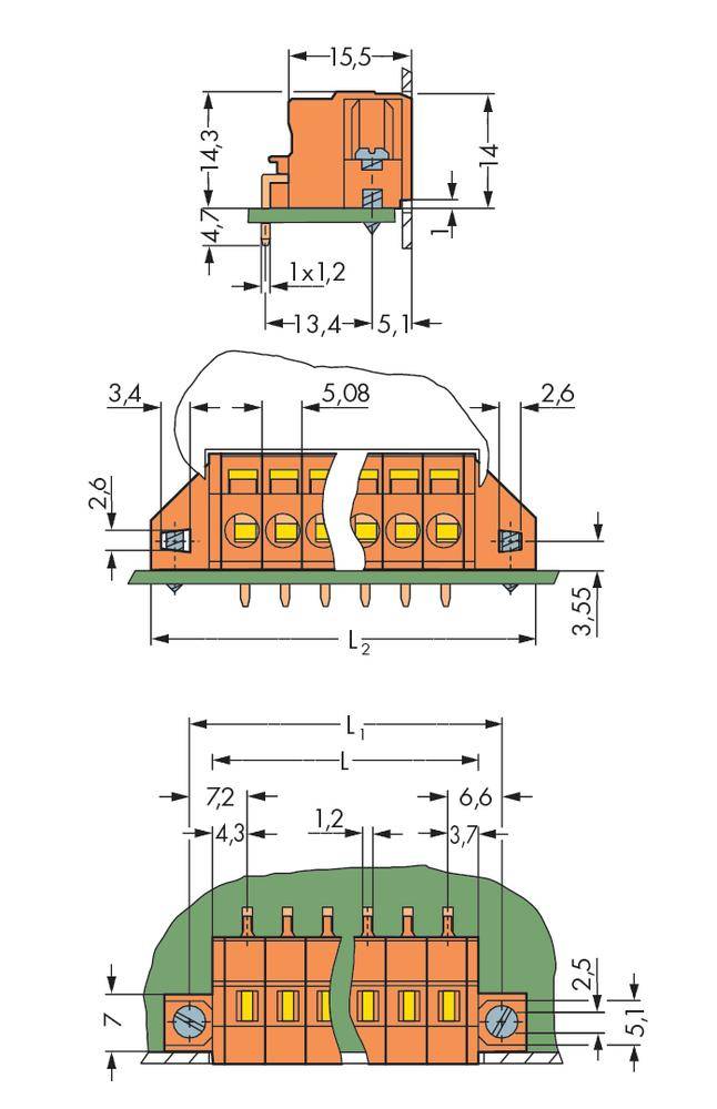 Technical drawing of a connector with side and front view, including precise dimensions in millimetres.