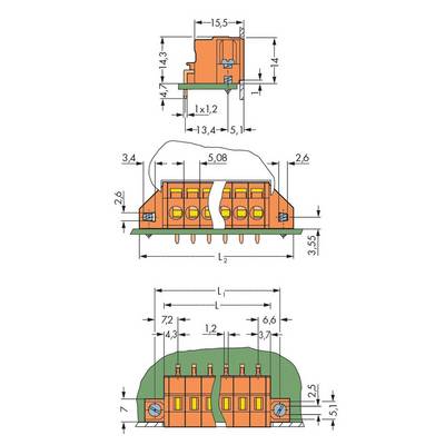 Technical drawing of a connector with side and front view, including precise dimensions in millimetres.