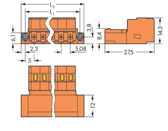Technical drawing of an electrical connector. Dimensions and distances are specified in millimetres. Two views: front and side.