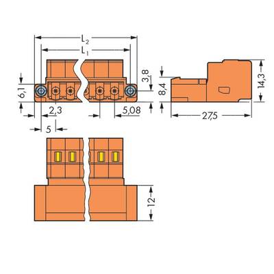Technical drawing of an electrical connector. Dimensions and distances are specified in millimetres. Two views: front and side.