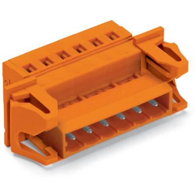 Orange electrical connector with multiple connection points, suitable for device wiring.