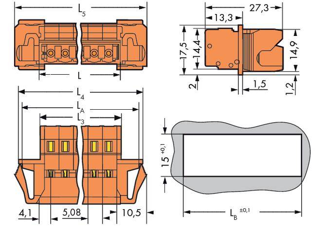 Technical drawing of an electrical connector with length and height dimensions in millimetres. Shows top view, side view, and mounting section.