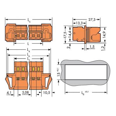 Technical drawing of an electrical connector with length and height dimensions in millimetres. Shows top view, side view, and mounting section.