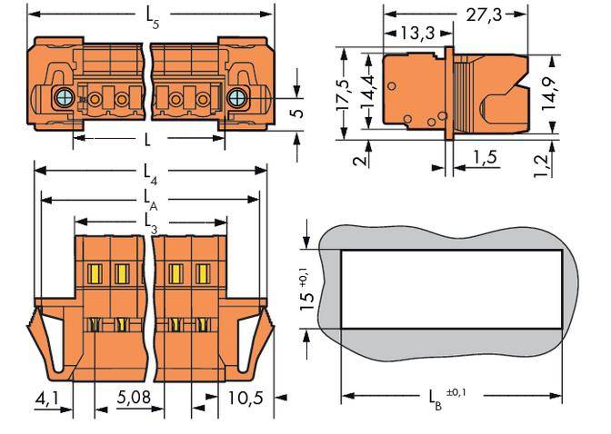Technical drawing of an electrical connector with dimensions in millimetres. Front view, side view and top view are shown.