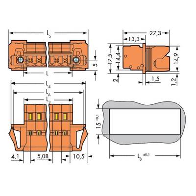 Technical drawing of an electrical connector with dimensions in millimetres. Front view, side view and top view are shown.