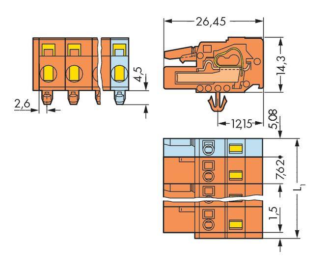 Technical drawing of an electrical connector with dimensions in millimetres. Shows front, side, and top view.