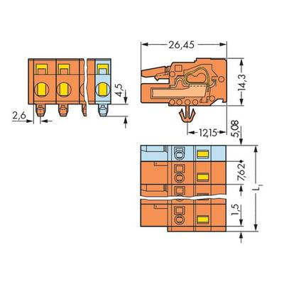 Technical drawing of an electrical connector with dimensions in millimetres. Shows front, side, and top view.