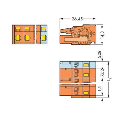 Technical drawing of an electrical connector with dimensions: 26.45 x 14.3 mm. Side view shows internal structure.