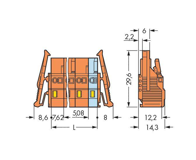 Technical drawing of an electrical connector with dimensional specifications in millimetres, side and front view.