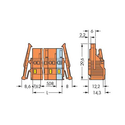 Technical drawing of an electrical connector with dimensional specifications in millimetres, side and front view.