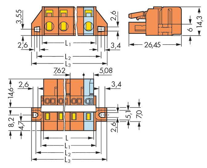 Technical drawing of an electrical connector with precise dimensional specifications in millimetres. Shows front, side, and top views.