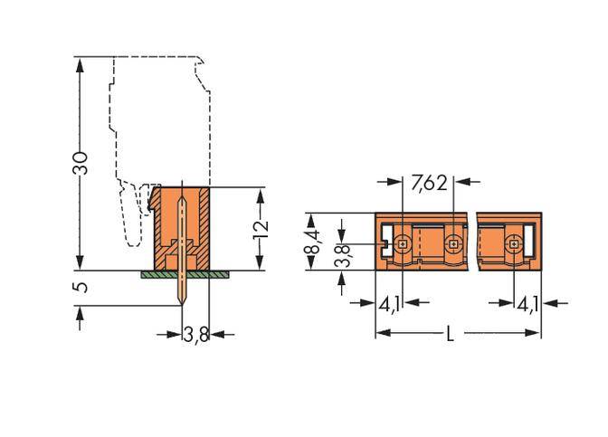 Technical drawing of an electrical connector with dimensions: 30 mm height, 7.62 mm width, 12 mm depth. Detailed view with markings.