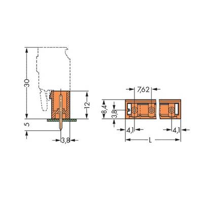 Technical drawing of an electrical connector with dimensions: 30 mm height, 7.62 mm width, 12 mm depth. Detailed view with markings.