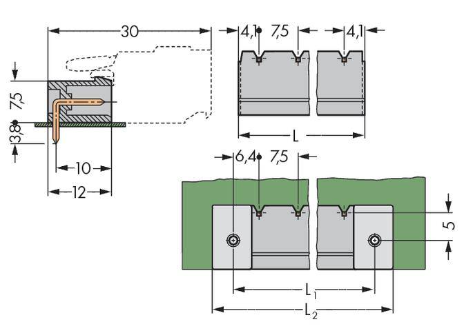 'Technical drawing of a cross-section and side view of a metal element with precise dimensions and material descriptions.'