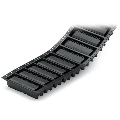 Black plastic carriers with recesses for housing small components. The carriers are arranged in an arc.