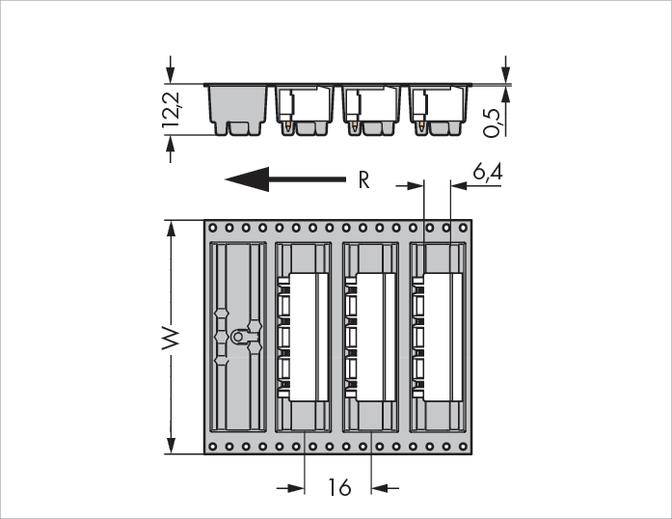 Technical drawing of a component with dimensions: 122 mm x 6.4 mm, spacing 0.5 mm. Shows detailed view with connections and drill holes.