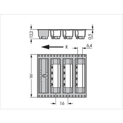 Technical drawing of a component with dimensions: 122 mm x 6.4 mm, spacing 0.5 mm. Shows detailed view with connections and drill holes.