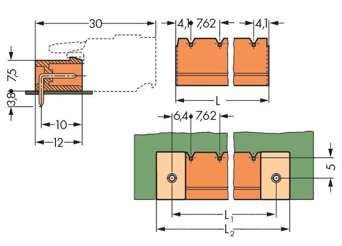 Technical drawing of a rectangular connector with dimensions in millimetres. Width: 30, Height: 13.9, Hole spacing: 41.1.