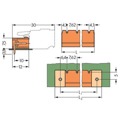 Technical drawing of a rectangular connector with dimensions in millimetres. Width: 30, Height: 13.9, Hole spacing: 41.1.
