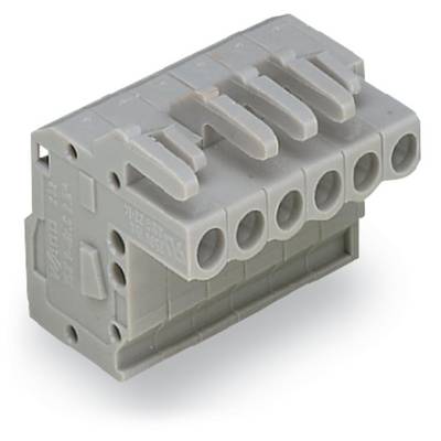Grey, five-pin electrical connector with openings for cable connections, used for secure electrical connection.