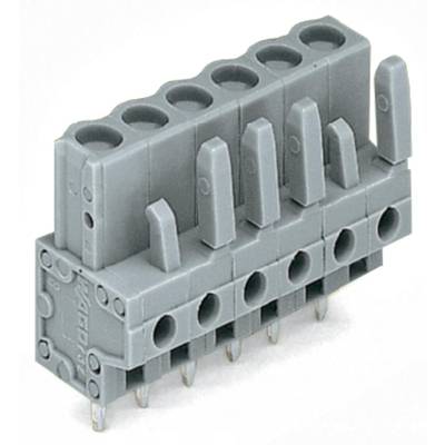Grey, eight-pole terminal block with wire connections and mounting holes, for electrical connection of devices.