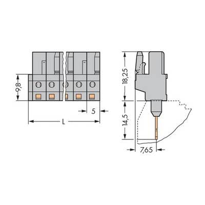 Technical drawing of a connector with dimensions: height 18.25 mm, width 7.65 mm. Left view shows three plug sockets.