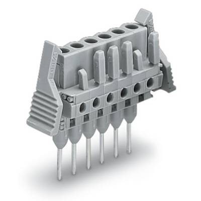 A grey electrical plug with six connection openings and metallic contact pins, featuring a side grip structure for easy insertion.