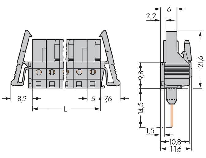 Technical drawing of an electrical connector with dimensional specifications in millimetres for height, width, and component spacing.