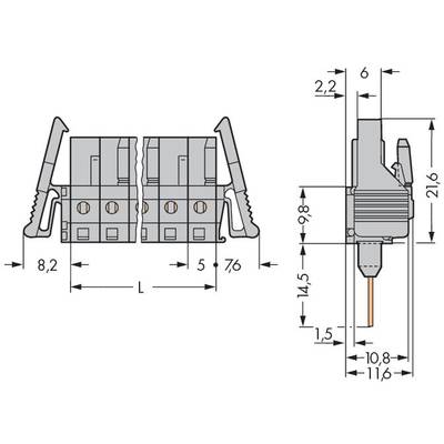 Technical drawing of an electrical connector with dimensional specifications in millimetres for height, width, and component spacing.