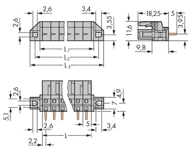 Technical drawing of a connector with multiple views and dimensional specifications in millimetres, illustrating size and shape.