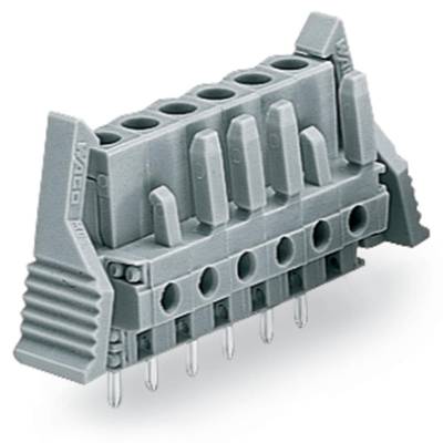 A grey, multi-pole connector component with vertically oriented pins for electronic circuits.