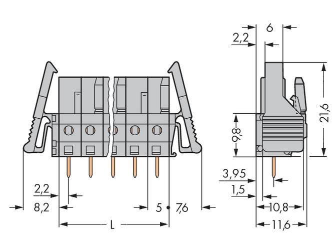 Connector diagram with dimensional specifications; shows side and front views of the electronic component with length and width measurements.