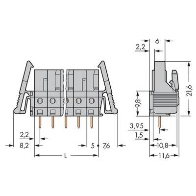 Connector diagram with dimensional specifications; shows side and front views of the electronic component with length and width measurements.