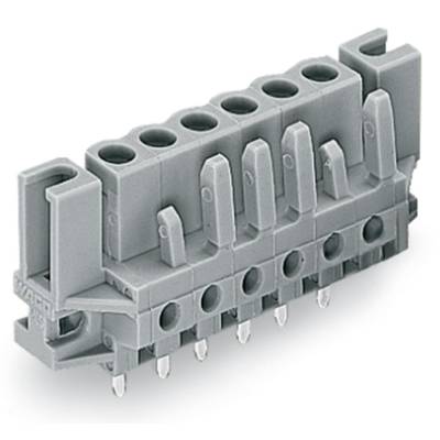 A grey electronic connector with seven slots and metal pins underneath, suitable for connecting electrical lines.