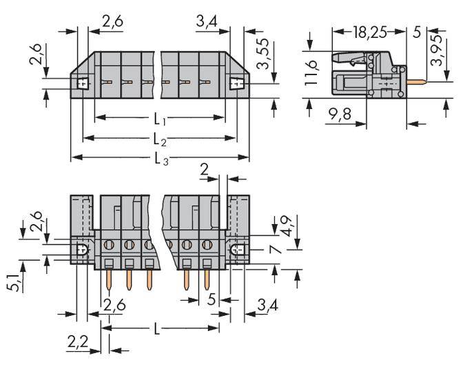 Technical drawing of an electrical connector with dimensions in millimetres. Side and top view with detailed measurements.